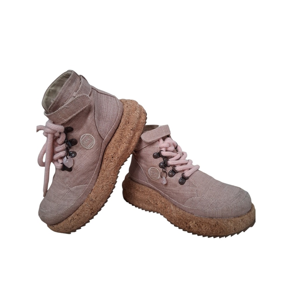 GAIA ESQ Eco Pink Hikers Canvas Adventure Boots Womens 7M Cork Chunky Platform - Picture 2 of 16